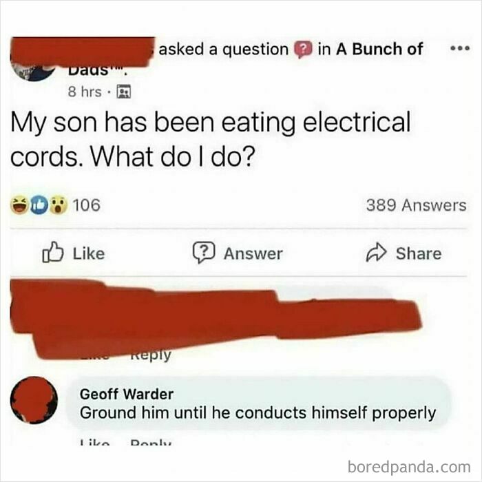 Funny online post about a son eating electrical cords with a witty comment, perfect for daily humor memes.