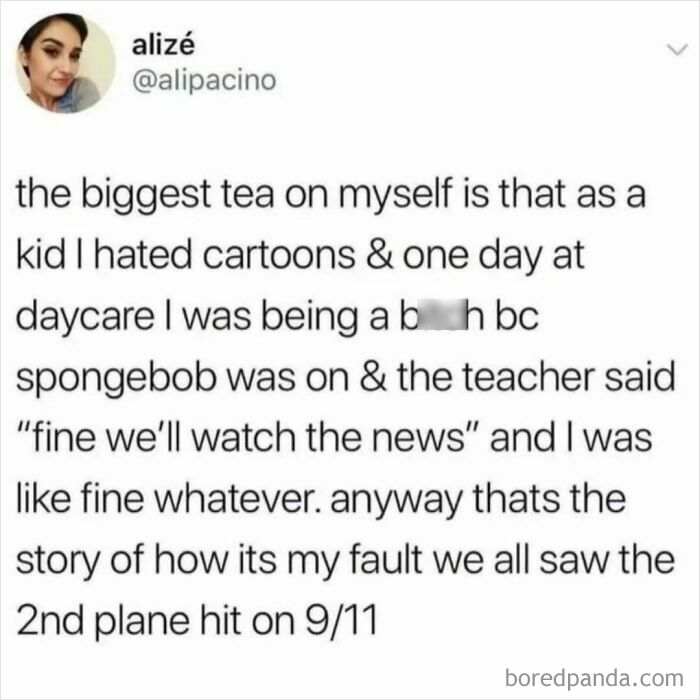 A humorous meme about a daycare incident leading to watching the news on 9/11, from a Daily Humor Memes post.