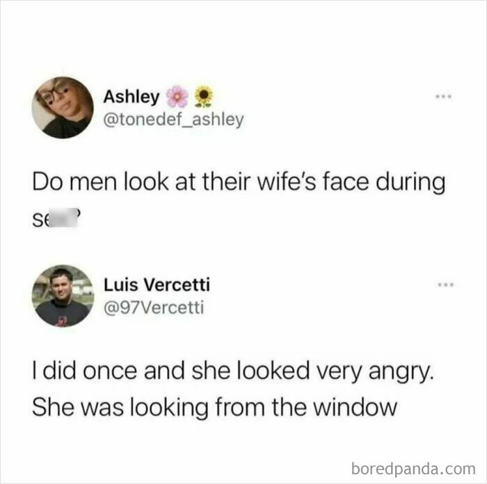 Humor meme depicting a funny exchange about looking at a wife through a window.