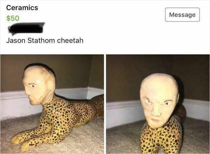 Ceramic cheetah with a human head listed for sale on Facebook Marketplace.