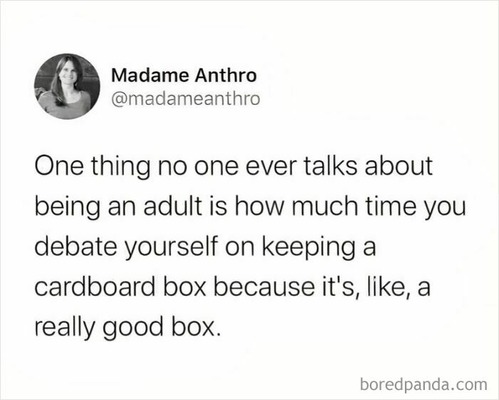Tweet humorously highlights adult struggles with keeping a good cardboard box.
