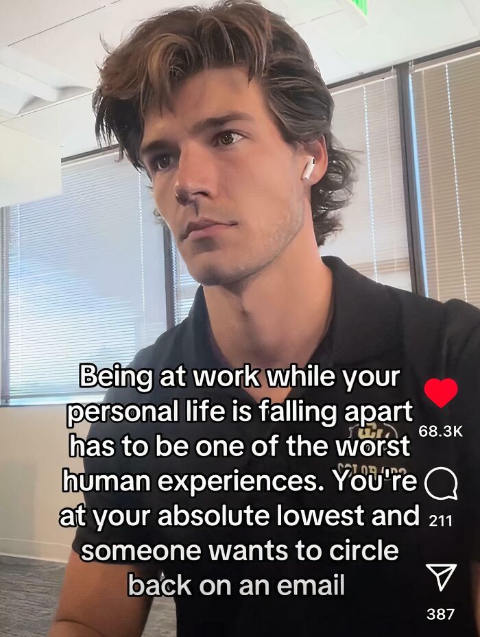 Young man in an office setting, wearing AirPods, capturing the struggle of adulthood with relatable text overlay about work-life balance.