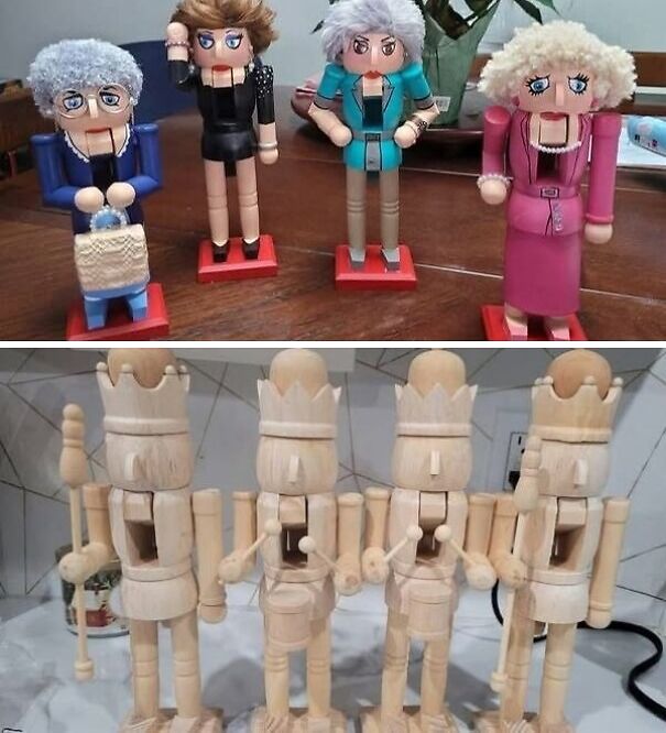 Unusual nutcracker figures found while thrifting; top painted as women, bottom unfinished wooden soldiers.