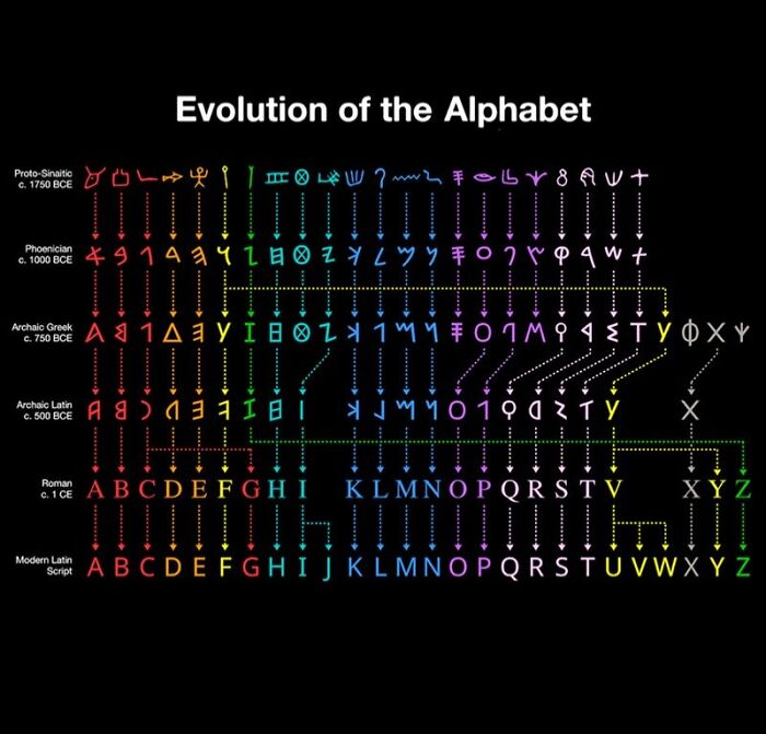 Infographic illustrating the evolution of the alphabet from Proto-Sinaitic to modern Latin script.