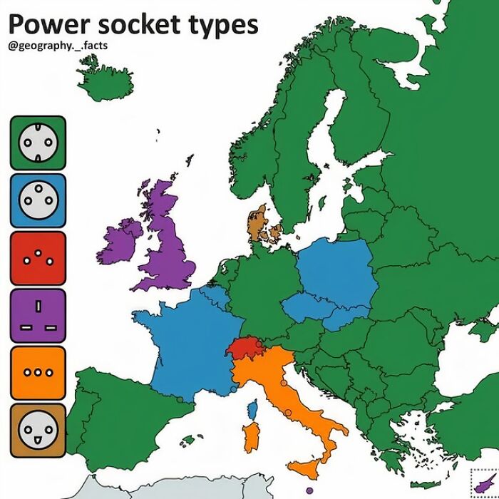 Infographic showing different power socket types across European countries with color-coded regions.