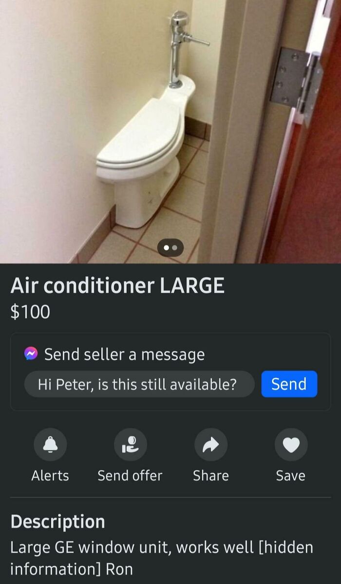 Unusual Facebook Marketplace listing showing a toilet labeled as an "Air Conditioner LARGE" for sale.