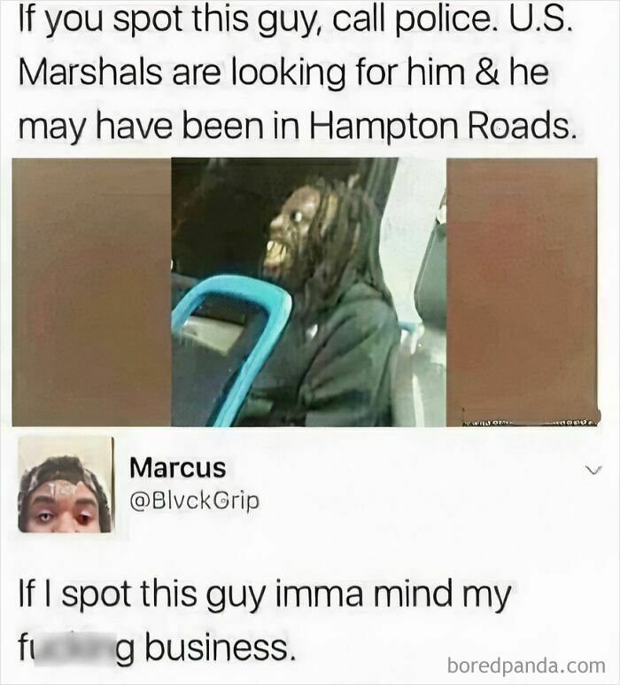 Humor meme about spotting a wanted person on public transport and choosing to mind one's own business instead.