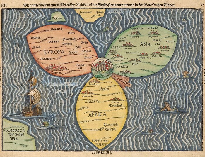 Historical map depicting Europe, Asia, Africa in a cloverleaf pattern, offering insights into past geographical perspectives.