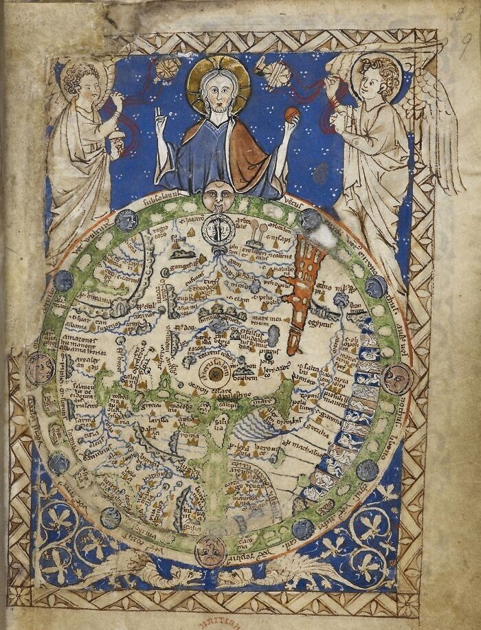 Medieval map depicting historical world with religious figures, offering insights into past worldviews and cartography.