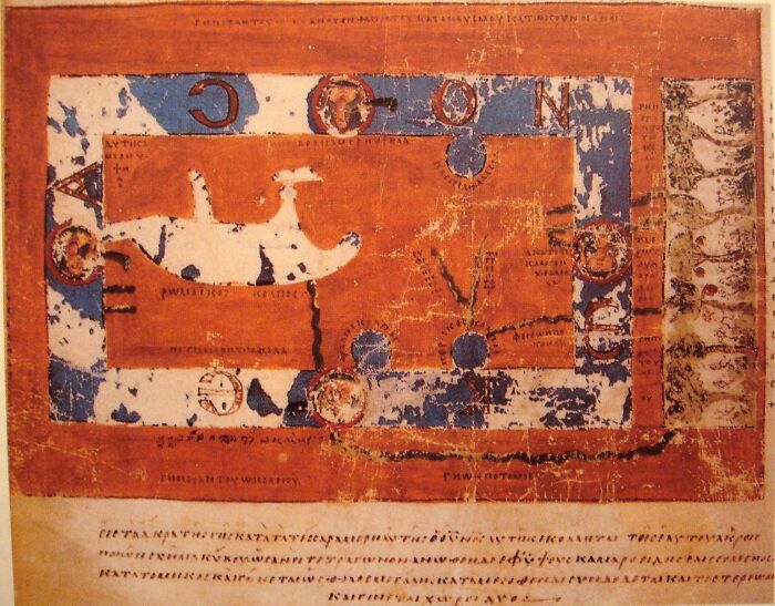 Ancient historical map showing detailed geographical representation with faded text and symbols.