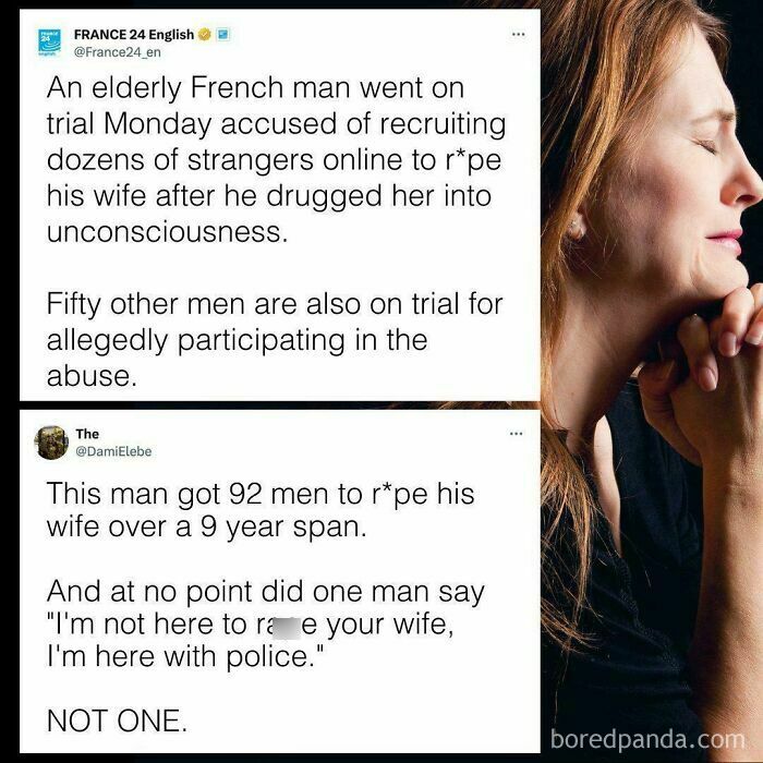 Two Twitter posts discussing a French man's trial for alleged a***e, highlighting online community outrage against sexism.