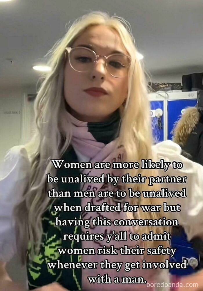 Young woman with glasses and blonde hair, standing indoors, highlighting a statement on sexism.