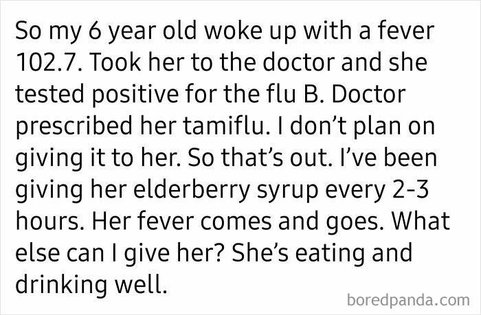 Text from mom group post about treating child's flu with elderberry syrup, avoiding tamiflu, and seeking advice.