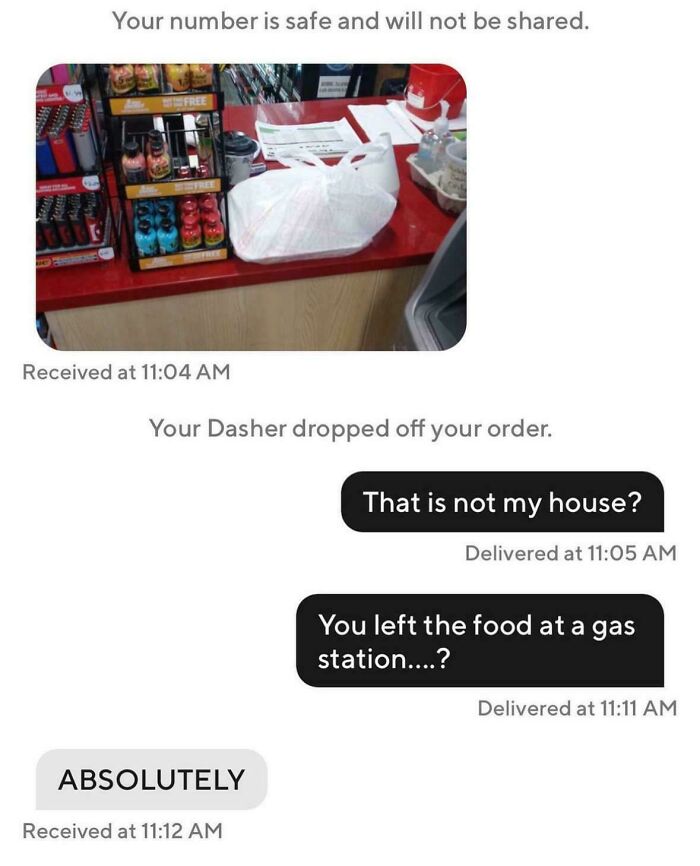 Food order mistakenly delivered to a gas station counter, captured in a humorous text exchange.