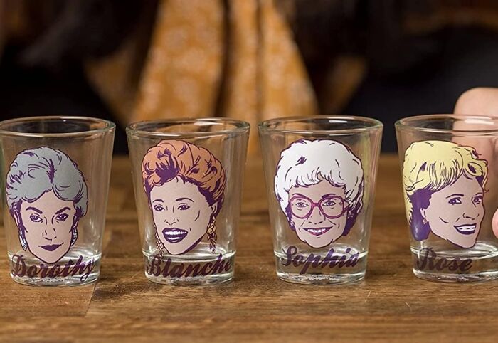 Four shot glasses with character illustrations, showcasing pure fandom goals.