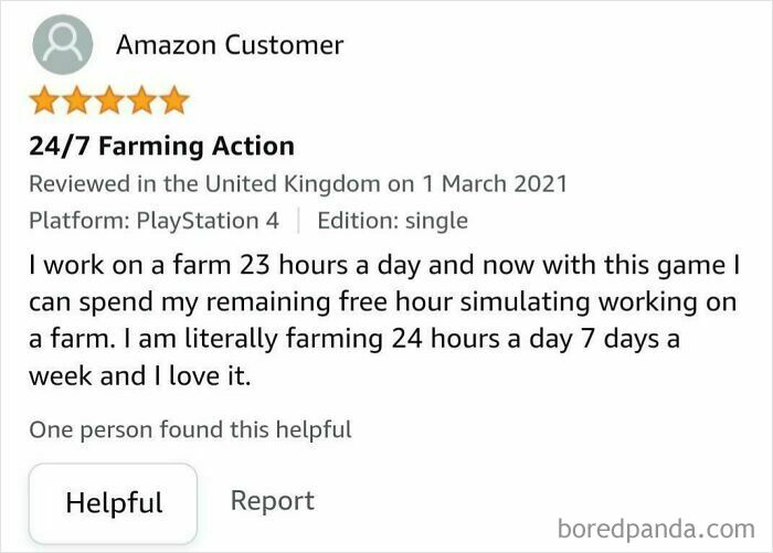 Amazon review screenshot of a farming game, praising it for providing 24/7 farming action and humorously loving it.