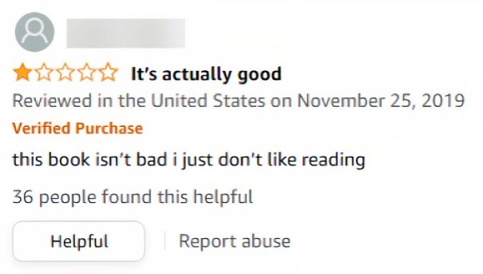 Funny Amazon review about a book, acknowledging it's good but expressing dislike for reading. Comedy gold moment.