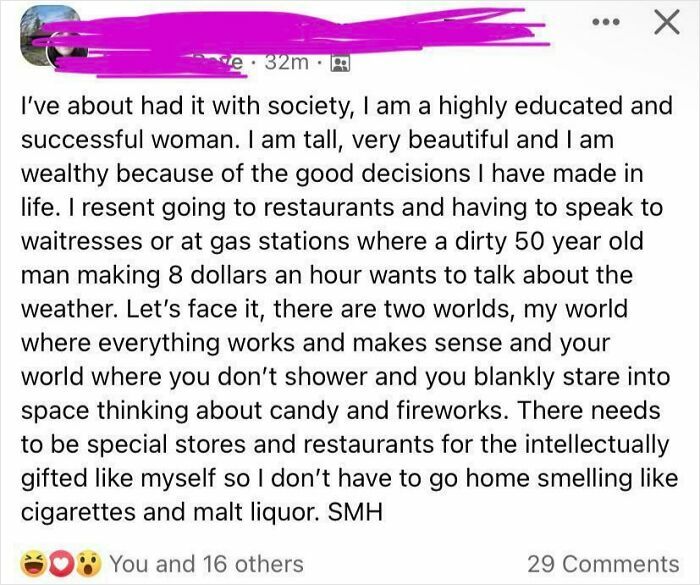 Social media post expressing disdain, highlighting class differences, with statements shaming less wealthy individuals.