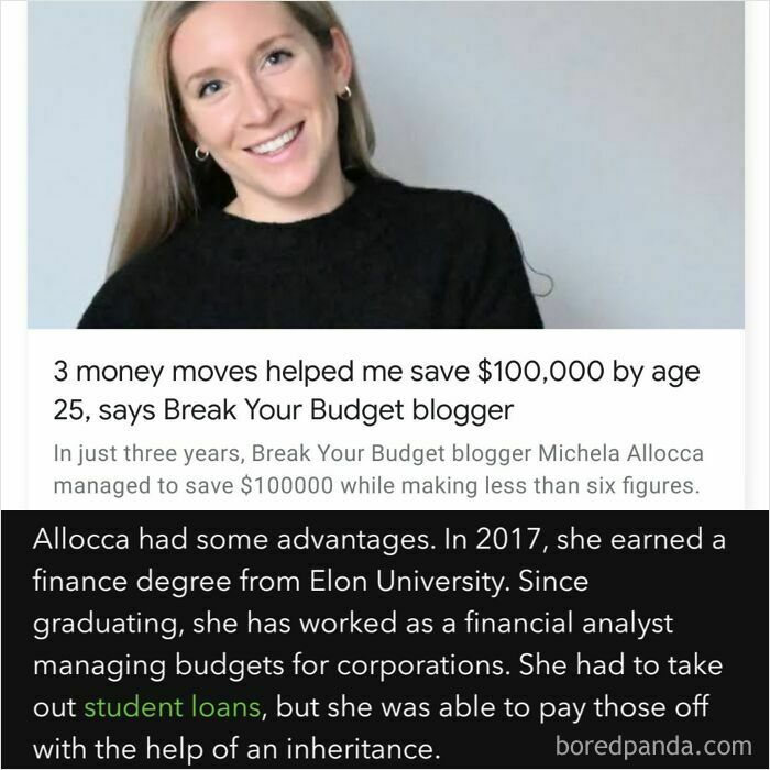 Smiling woman in a black sweater shares budgeting tips for saving $100,000 by age 25.