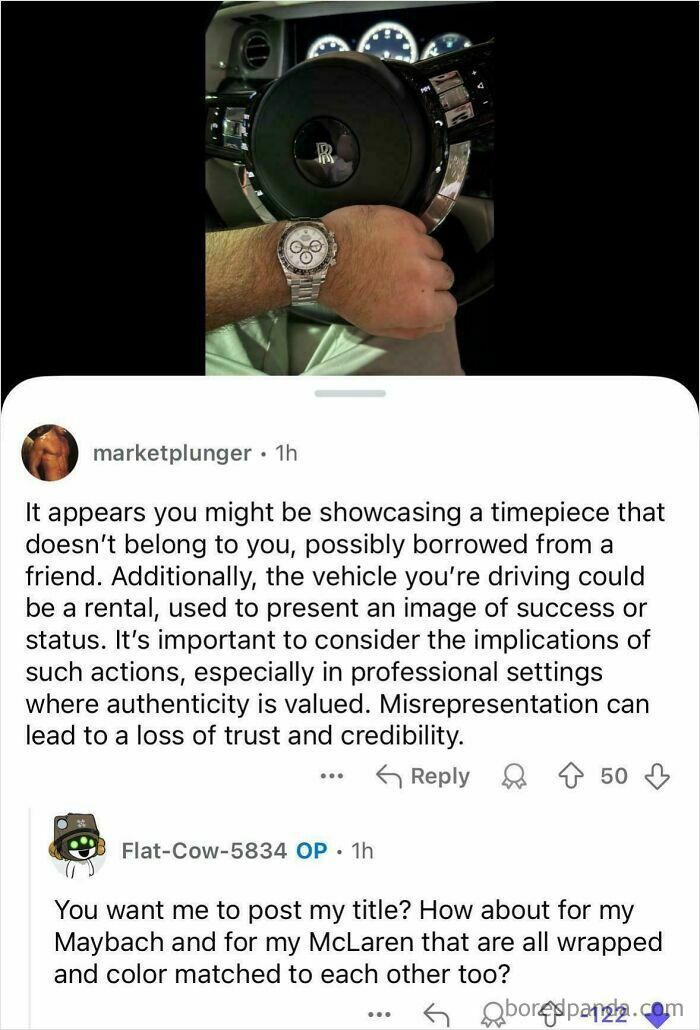 Rich people shamed online; person flaunts luxury watch in Rolls-Royce, sparking critique about authenticity and image.