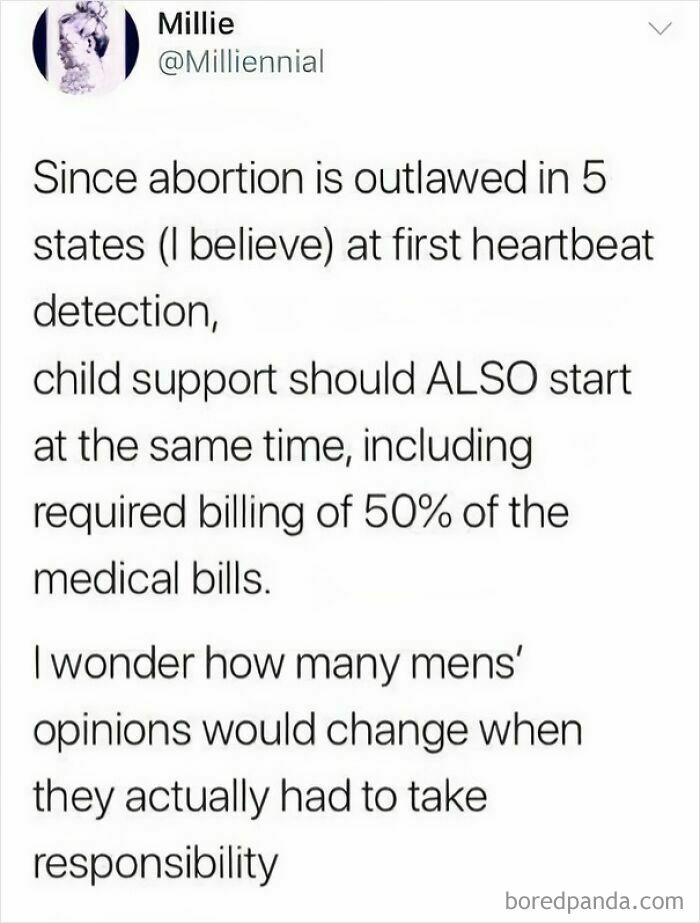 Text post addressing sexism, suggesting early child support and shared medical bills as responsibility in outlawed abortion states.