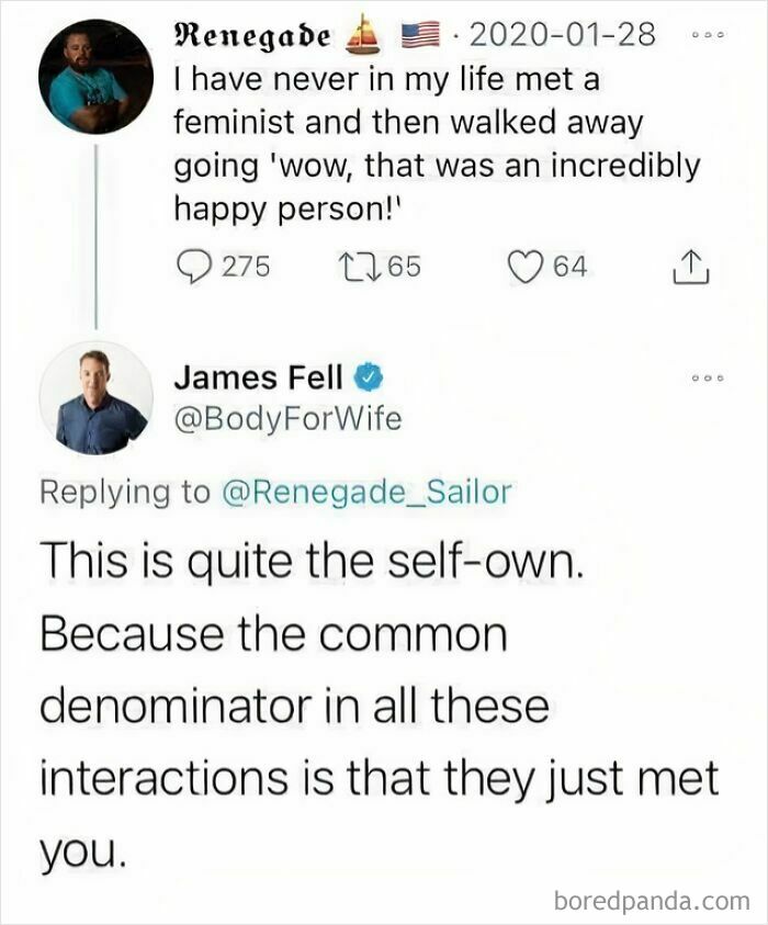 Tweet exchange addressing sexism with witty response, highlighting interactions with feminists.