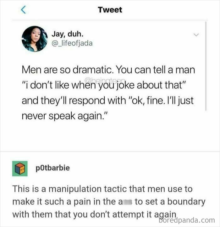 Tweet and comment highlight a tactic critiqued by an online community against sexism.