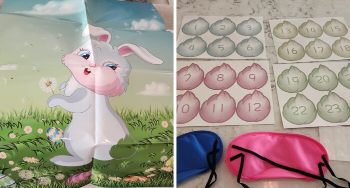 Easter game setup with a cute bunny poster, numbered egg cutouts, and colorful blindfolds for fun activities.