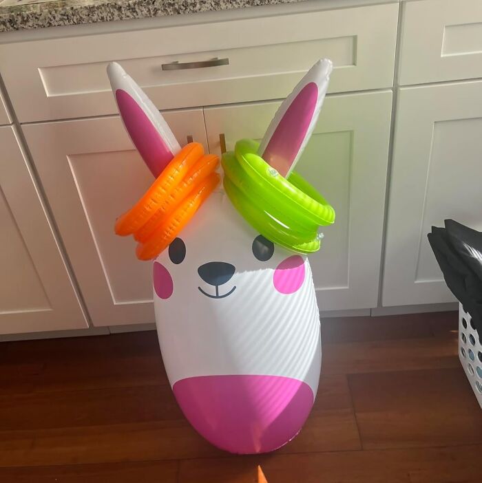 Inflatable bunny with vibrant rings, perfect for fun Easter ideas beyond the basic egg hunt.