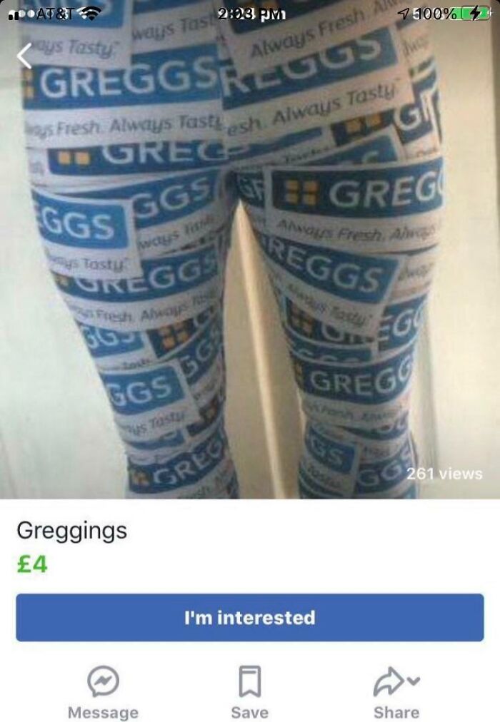 Leggings with "Greggs" print for sale on Facebook Marketplace, priced at £4.