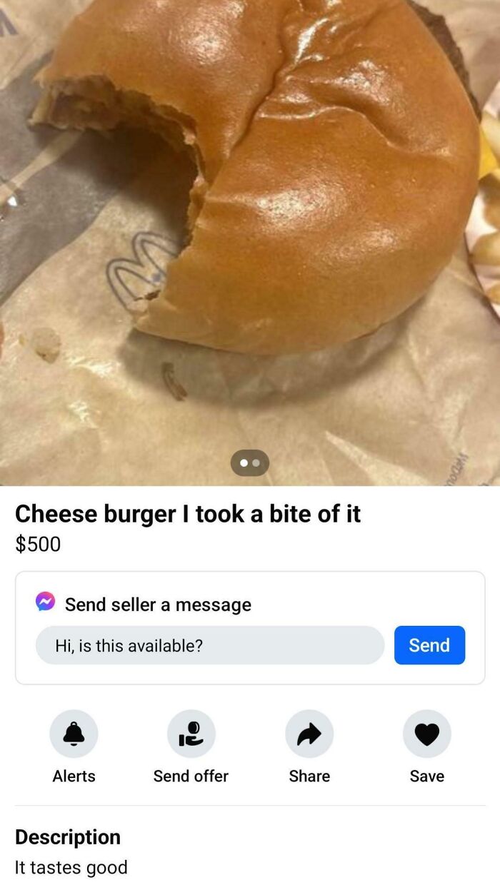 Cheeseburger with bite missing listed for $500 on Facebook Marketplace.