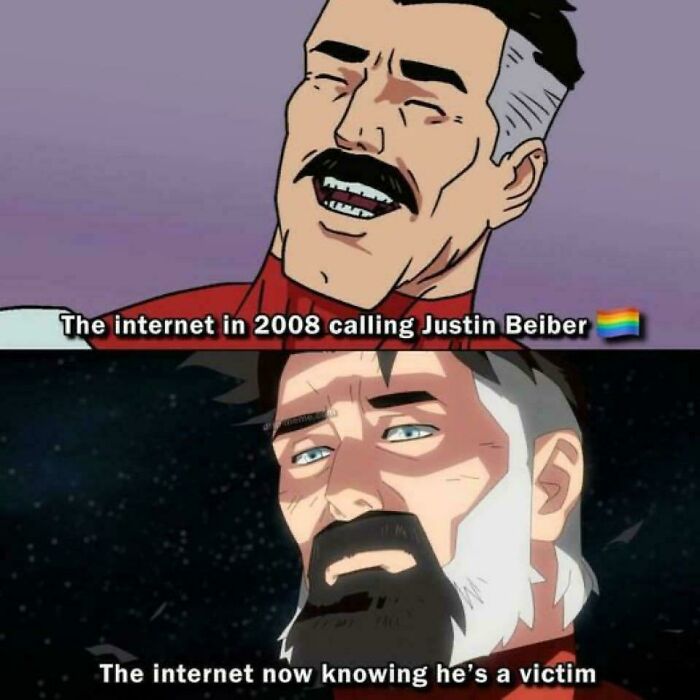 Cartoon meme showing changing internet attitudes towards Justin Bieber from 2008 to now.