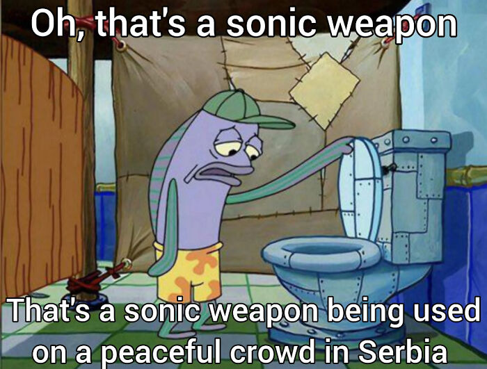 Cartoon fish character lifting toilet lid, captioned with a meme explanation about sonic weapons.
