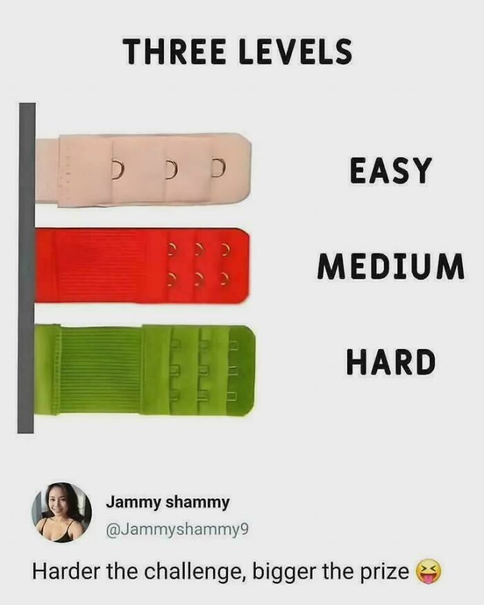 Three bra hook levels meme explained: easy, medium, hard.