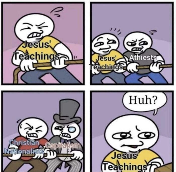 Cartoon showing characters tug-of-war over "Jesus' Teachings," capturing online meme explanations.