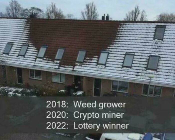 House roof with melted snow section, humorously labeled as meme explanation for different years.