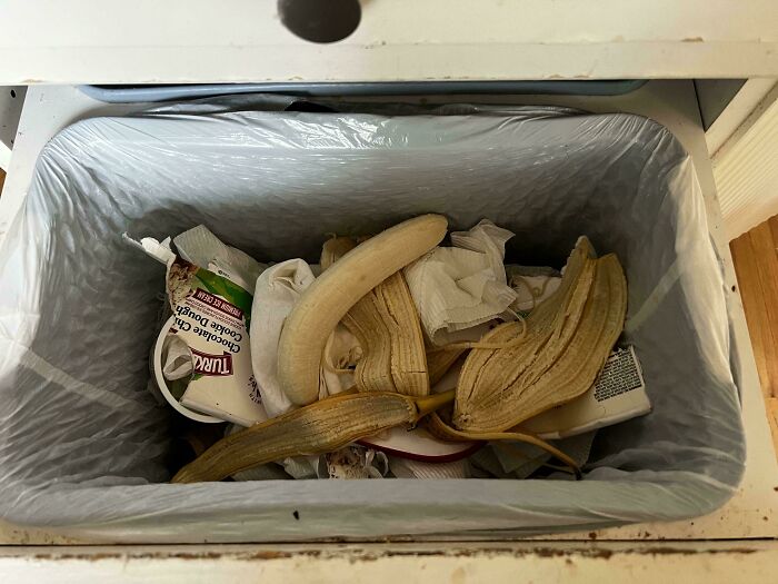 Trash bin with banana peels and empty containers, depicting a messy day experience.