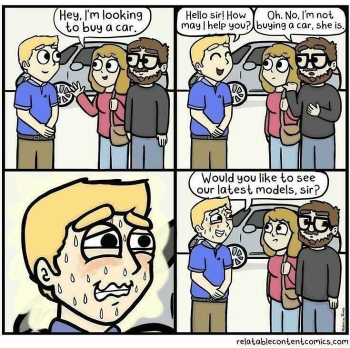 Salesperson sweating in a humorous car buying meme explained.