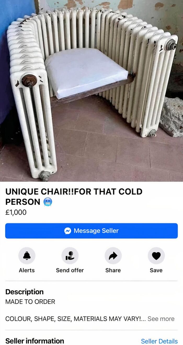 Radiator chair on Facebook Marketplace, showcasing creative upcycled design.