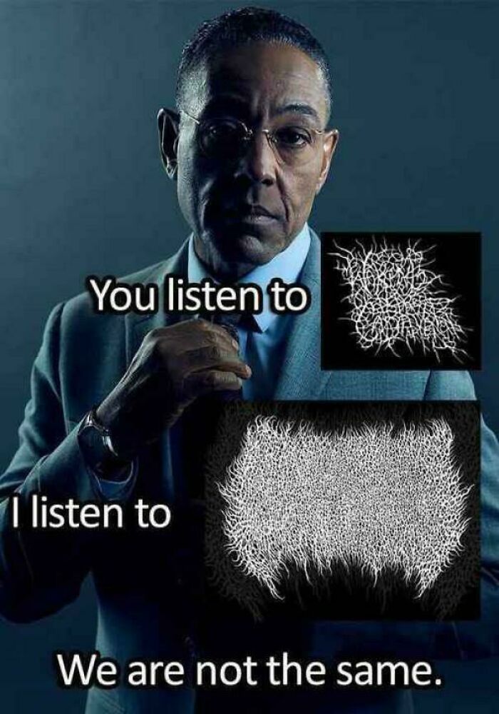 Man with glasses comparing two indecipherable band logos, highlighting the differences in musical taste.