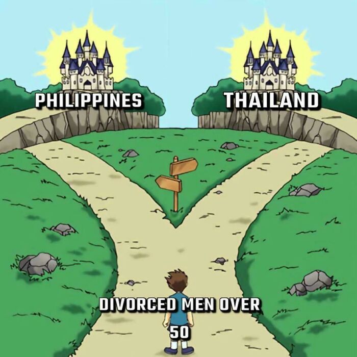 Meme of a man choosing between paths labeled Philippines and Thailand.