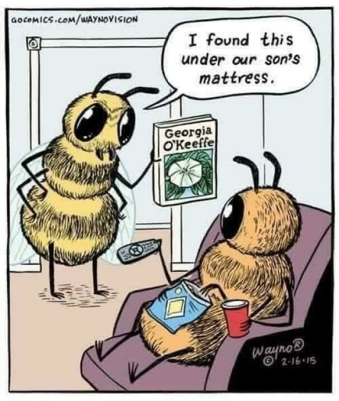 Two bees discussing a Georgia O'Keeffe book found under their son's mattress, adding humor to the meme explanation.