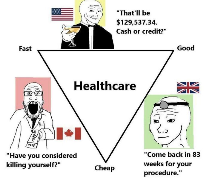 Healthcare meme with three countries, each with different issues: USA expensive, Canada slow, UK delayed service.