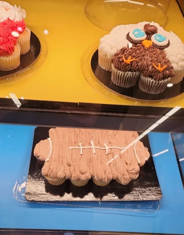 Baking fails: cupcakes shaped like a football and an owl, displayed on a yellow and blue background.
