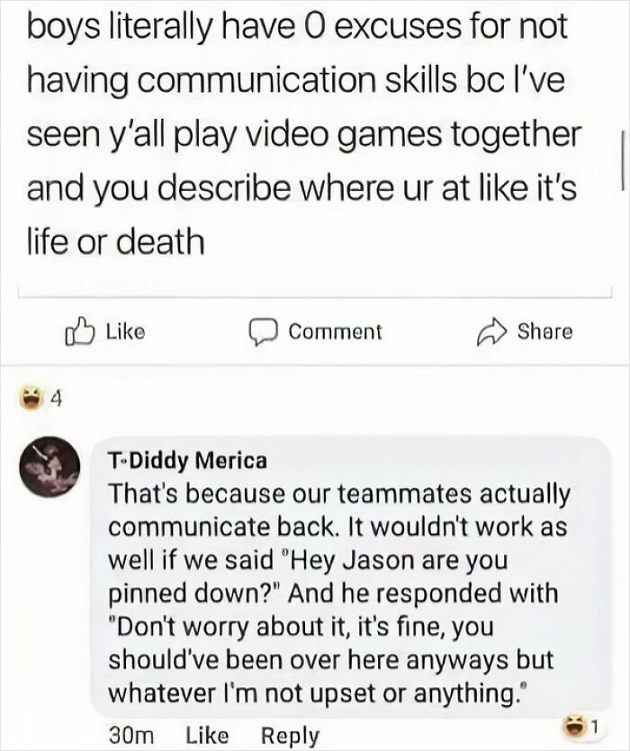 A meme for men about communication skills in video games, with a humorous comment exchange highlighting teamwork.
