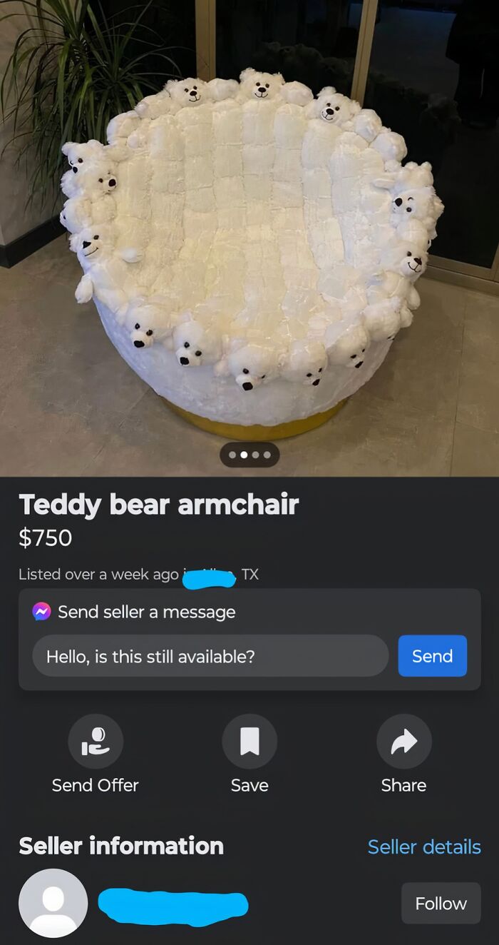Teddy bear armchair for sale on Facebook Marketplace, priced at $750.
