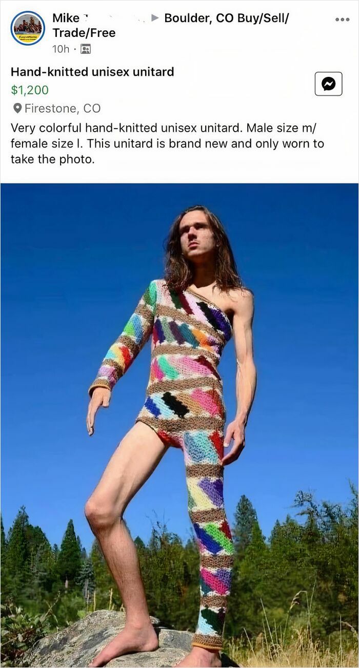 Person in colorful handmade knitted unitard on Facebook Marketplace against a blue sky backdrop.