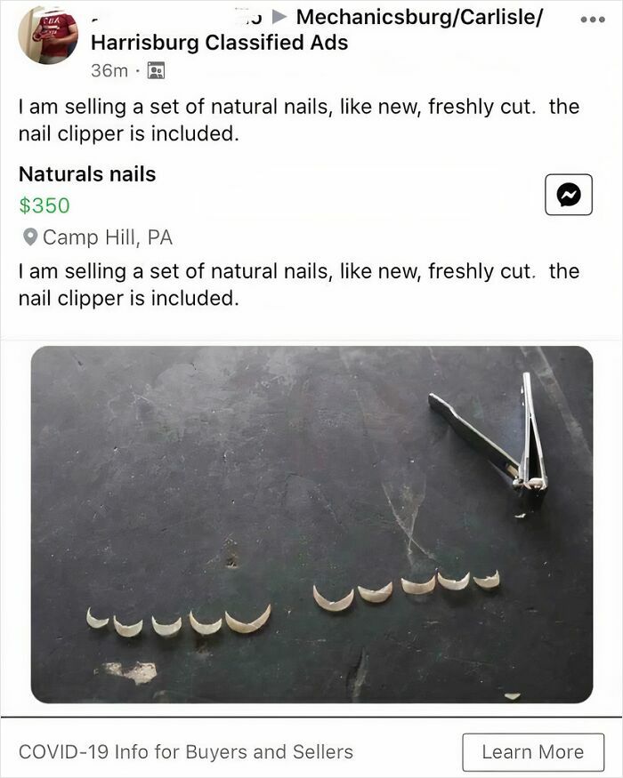 Natural nails for sale with nail clippers, unusual Facebook Marketplace listing.