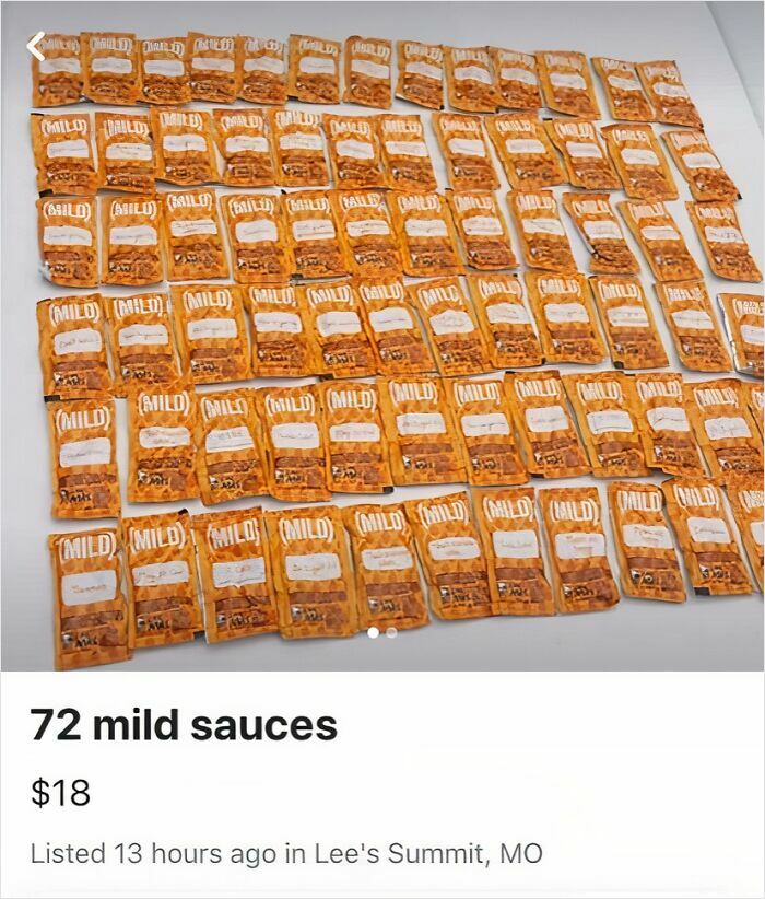 Packets of mild sauce for sale on Facebook Marketplace in Lee's Summit, MO.