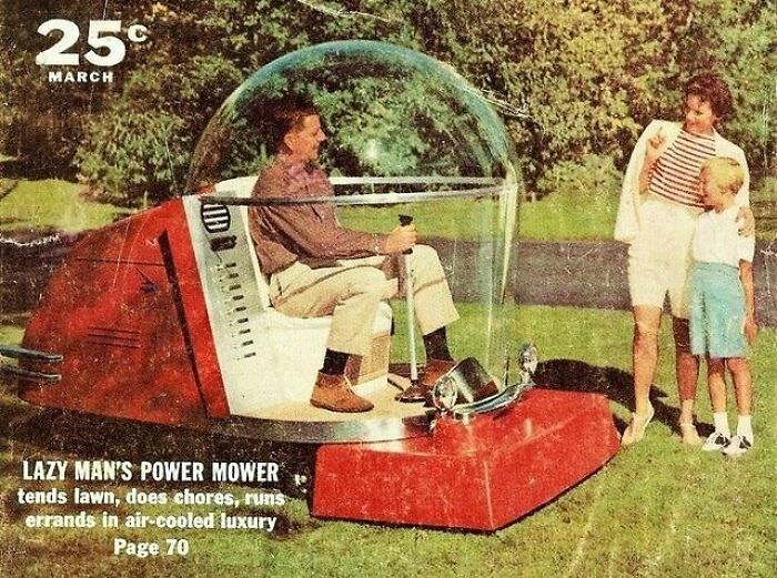 Retro mower ad from the JFK years, featuring a man in a futuristic lawn mower, with a woman and child nearby.